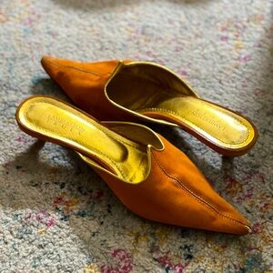 Lambertson Truex Orange Suede Kitten Heel Mules, size 38.5 / 7.5 US